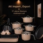 طقم حلل تيتانيوم 17 قطعة احترافي AK import / Ayperi – مقابض أستيل وأغطية بيركس متينة